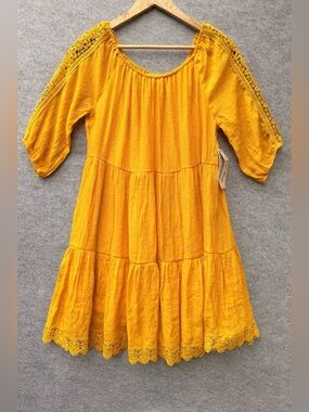 Indigo Rose Mustard Yellow Boho Dress Size L Tiered Lace Trim 3/4 Sleeve Flowy